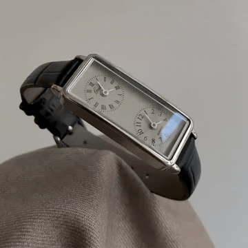 Black Duo Timepiece: Dual Dial Grey Face Rectangular Quartz Watch