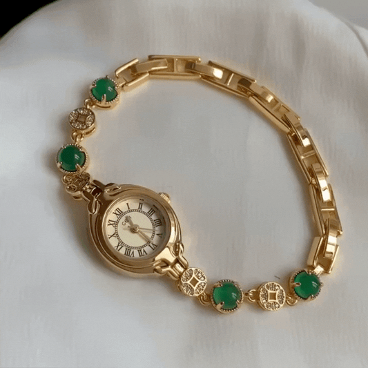 Luxury Frosted Elegance: Green Agate Small Dial & Brass Quartz Watch