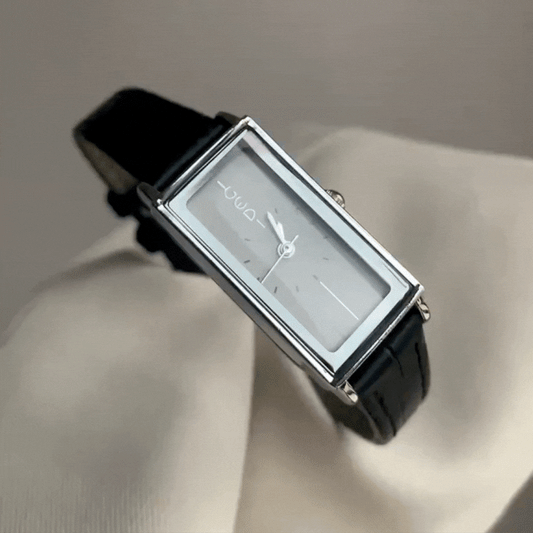 Vintage Artisan Rectangular Watch: Black Leather Strap with Silver Dial