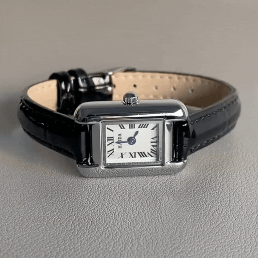 Minimalist Elegance Timepiece: Black Leather Silver Case Square Quartz Watch