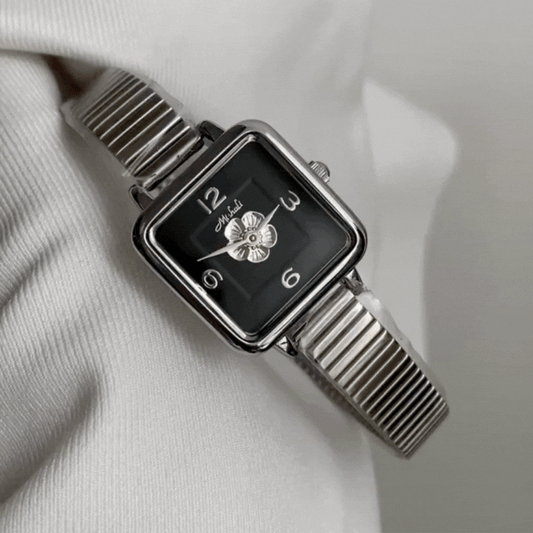Elegant Silver Bracelet: Black Dial Square Camellia Quartz Watch