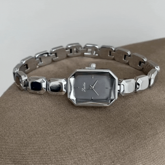 Urban Edge – Women's Silver Beaded Chain Watch with Black Rectangular Face