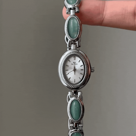 Green Jade Inlay Classic Silver Bracelet Ladies Quartz Watch
