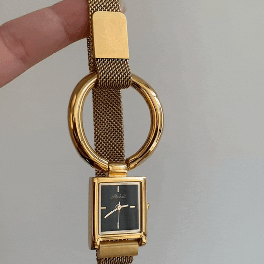 Gold Magnetic Ring Strap with Black Rectangular Dial Women’s Quartz Watch