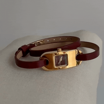 Ankara Red Timepiece: Double-Wrap Leather Gold Dial Quartz Watch