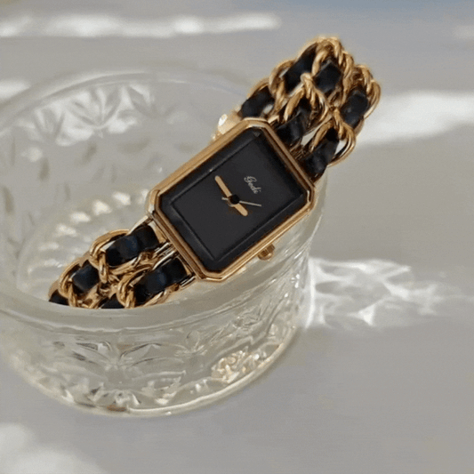 Gold Woven Chain Quartz Watch for Women – Black Dial & Gold Case