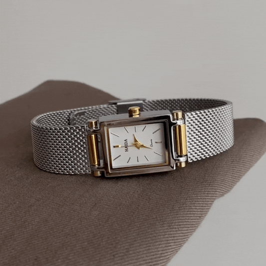 Linea – Women’s Rectangular Two-Tone Watch with Silver Mesh Band