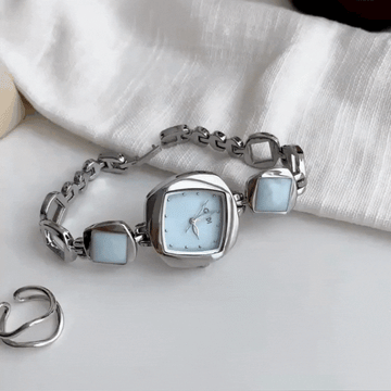 Silver Bracelet With Square Blue Ladies Quartz Watch