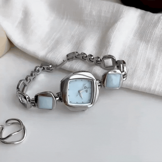 Silver Bracelet With Square Blue Ladies Quartz Watch