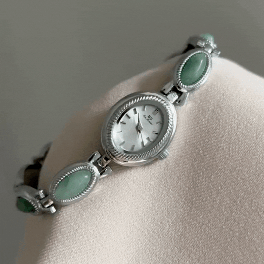 Green Jade Inlay Classic Silver Bracelet Ladies Quartz Watch