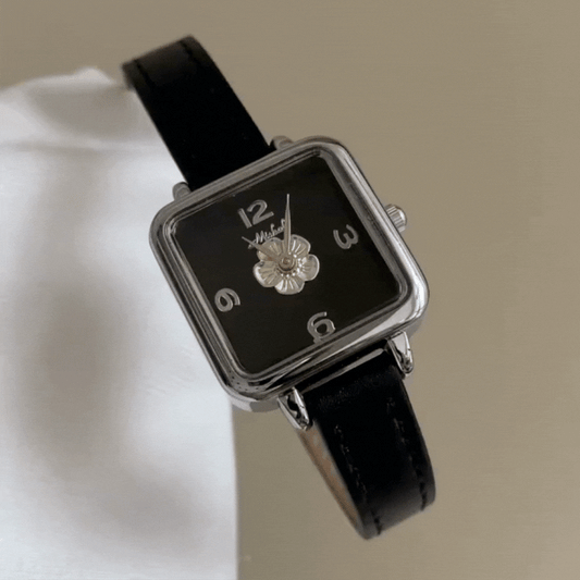 Black Leather & Silver Camellia Dial: Women's Quartz Watch