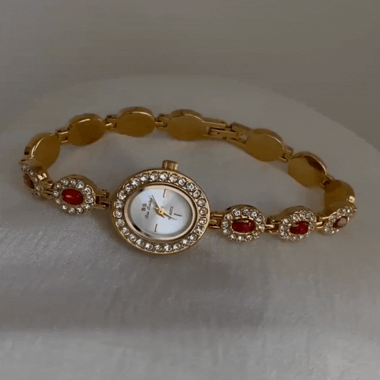 French Elegance Timepiece: Pomegranate Red Zircon Bracelet Watch