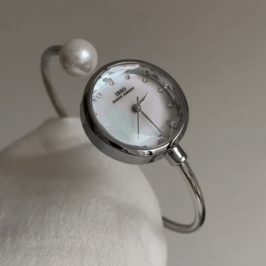 Pearl & Silver Bangle Quartz Watch for Women – Classic White Dial