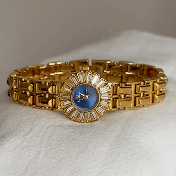 Gold Women Round Small Dial Watch Slim Strap Diamond-Set Case Blue Face Quartz French Vintage – Céleste