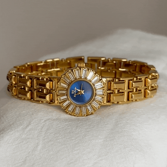 Gold Women Round Small Dial Watch Slim Strap Diamond-Set Case Blue Face Quartz French Vintage – Céleste