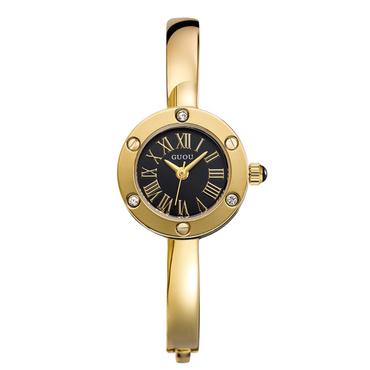 Gold Women’s Watch – Black Round Dial Bangle Watch with Roman Numerals & Crystal Bezel | Aurelia