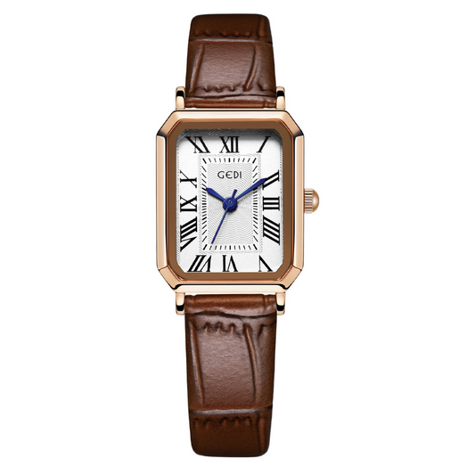 Vintage Classic Brown Leather Strap Women’s Waterproof Quartz Watch – Rectangular Rose Gold Face