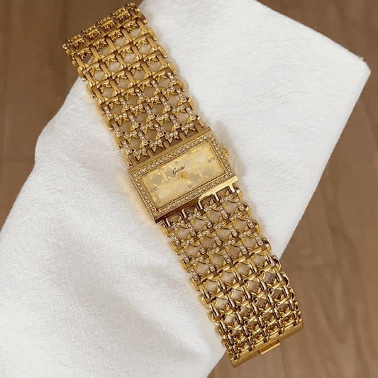Vintage Women’s Quartz Watch – Gold Wide Bangle with Rectangular Dial