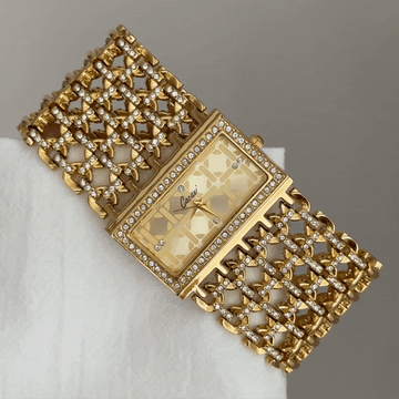 Vintage Women’s Quartz Watch – Gold Wide Bangle with Rectangular Dial
