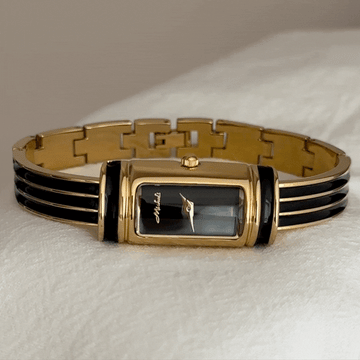 Vintage-Inspired Black Gem Bracelet Women’s Quartz Watch – Long Rectangular Small Dial