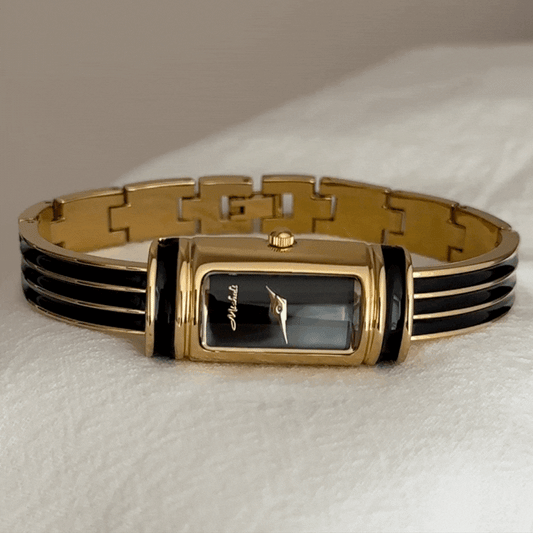 Vintage-Inspired Black Gem Bracelet Women’s Quartz Watch – Long Rectangular Small Dial