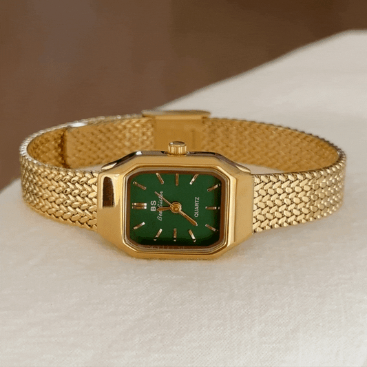 Minimalist Elegant Women’s Quartz Watch – Gold Wheat Chain Strap, Green Square Dial