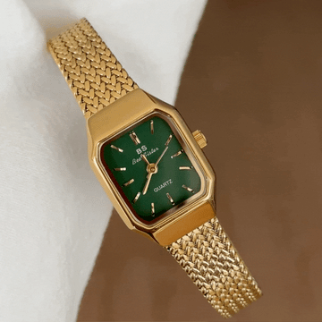 Minimalist Elegant Women’s Quartz Watch – Gold Wheat Chain Strap, Green Square Dial