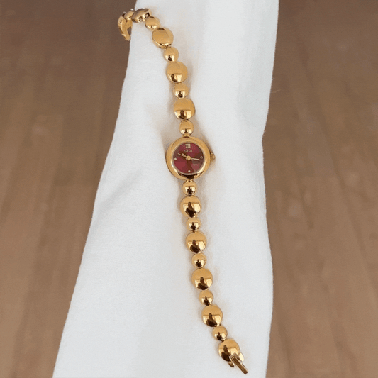 Gold Beaded Bracelet Women’s Quartz Watch – Round Red Small Dial