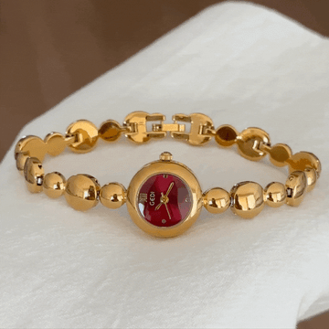 Gold Beaded Bracelet Women’s Quartz Watch – Round Red Small Dial