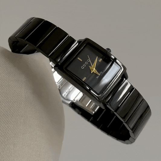 Monochrome Edge – Square Black Dial Watch with Sleek Steel Band