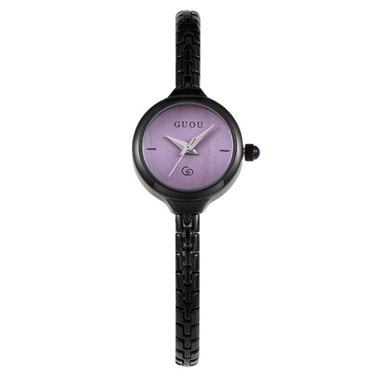 Black Dainty Watch – Women's Quartz Watch with Thin Strap & Purple Mini Round Dial | Violet Mist