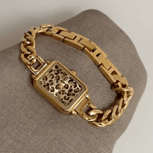 Fashion Women’s Quartz Watch – Gold Chain Bracelet with Rectangular Leopard Print Dial