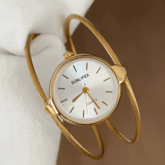 Wide Open Bangle Gold Watch – Chic White Dial Bracelet Watch for Women