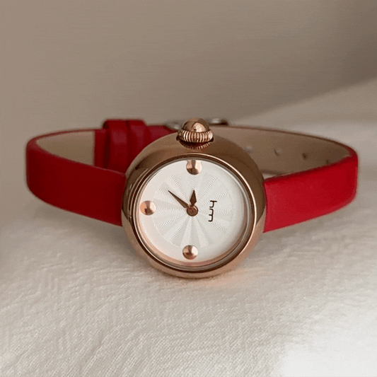 Rosélia Grace – Red Leather Strap Rose Gold Case White Round Dial Women’s Quartz Watch