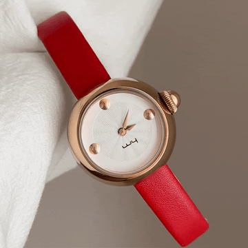 Rosélia Grace – Red Leather Strap Rose Gold Case White Round Dial Women’s Quartz Watch