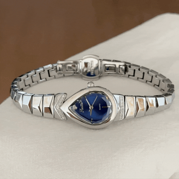 Sapphire Droplet – Silver Snake Chain Strap Diamond-Set Teardrop Blue Dial Women’s Quartz Watch