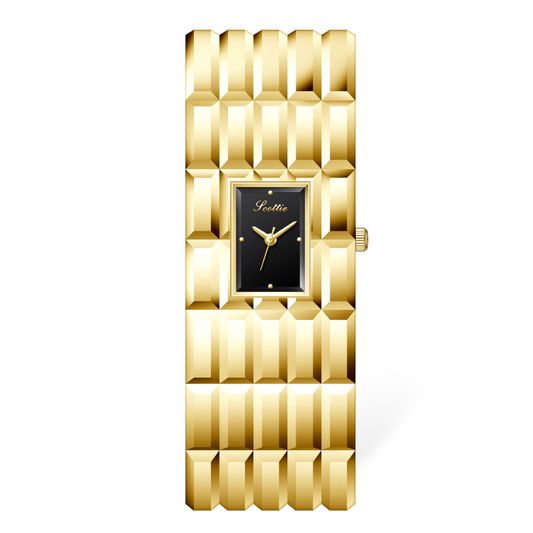 Aurum Bold – Gold Wide Strap Black Rectangle Mini Dial Women’s Quartz Watch