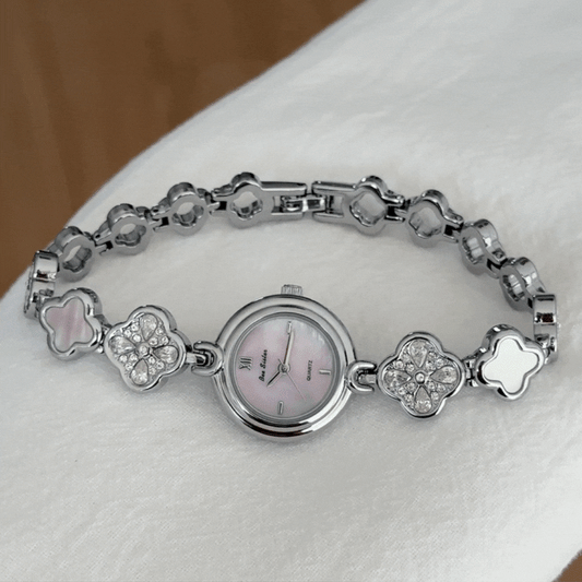 Clover Charm – Silver Clover-Link Bracelet Pink Mother-of-Pearl Dial Women’s Quartz Watch