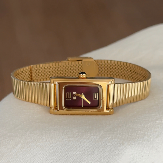 Aurelia Chic – Gold Bamboo Strap Red Rectangle Mini Dial Women’s Quartz Watch