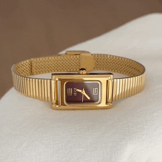 Aurelia Chic – Gold Bamboo Strap Red Rectangle Mini Dial Women’s Quartz Watch
