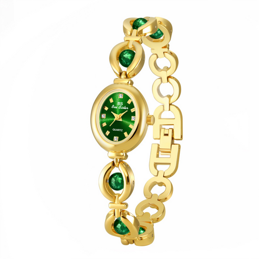 Green Chrysoprase Inlay Gold Bracelet & Gold Dial Ladies Quartz Watch