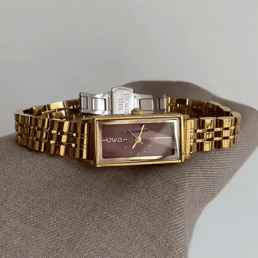 Luxury Rectangle: Gold Steel Strap & Angora Red Dial Quartz Watch