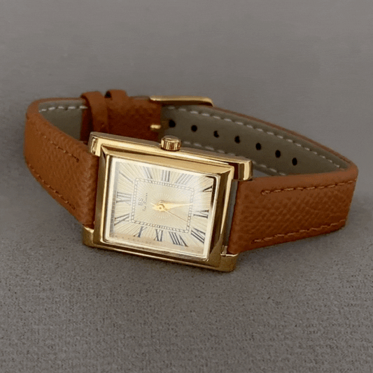 Pumpkin Latte Brown Strap Watch with Gold Rectangular Roman Dial – Women’s Quartz Watch