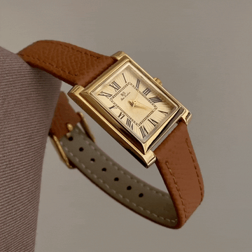 Pumpkin Latte Brown Strap Watch with Gold Rectangular Roman Dial – Women’s Quartz Watch