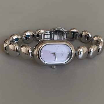 Beaded Bracelet Quartz Watch with Purple Oval Dial – Elegant & Unique