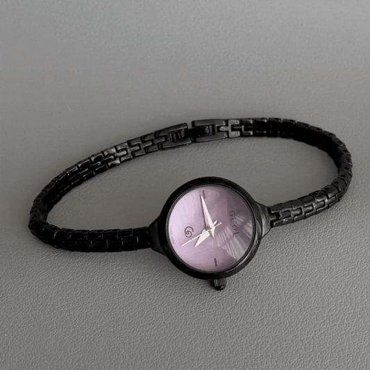 Black Dainty Watch – Women's Quartz Watch with Thin Strap & Purple Mini Round Dial | Violet Mist