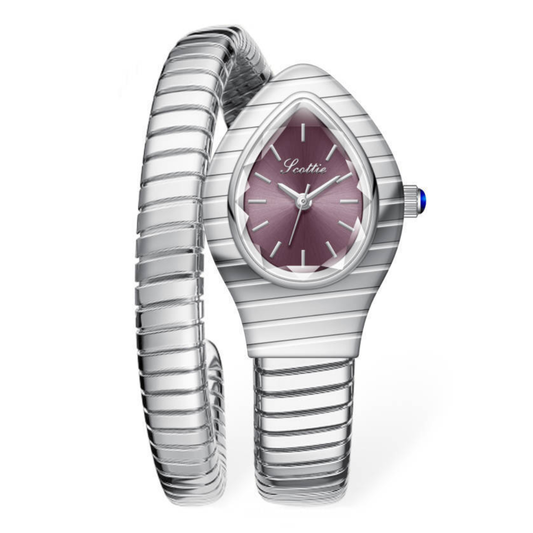 Serpenti Chic – Silver Snake Coil Women’s Quartz Watch with Purple Snake Head Dial