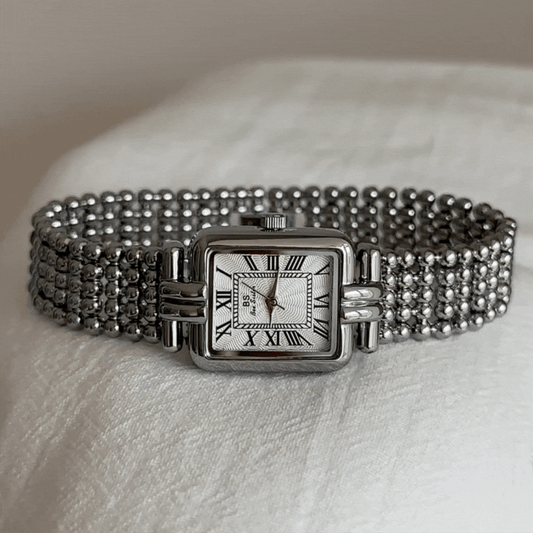 French Retro Romantic Silver Beaded Bracelet Watch with White Rectangle Roman Dial for Women - Versailles Pearl