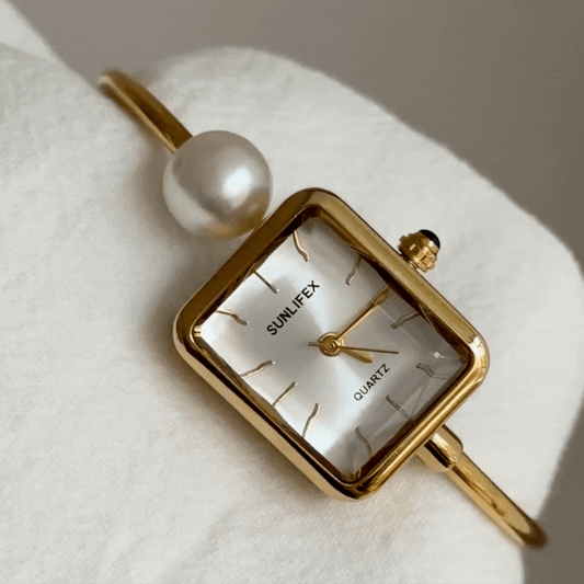 Gold Women Rectangular Dial Watch Pearl Inlay Bangle Style White Face Quartz French Exquisite – Bijou