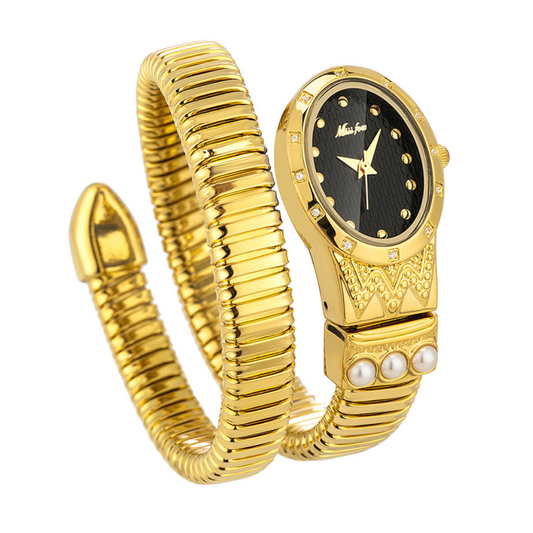 Trendy Serpenti Women’s Quartz Watch with Adjustable Flexible Band, Diamond & Pearl Accents, Waterproof Gold Case, and Black Dial
